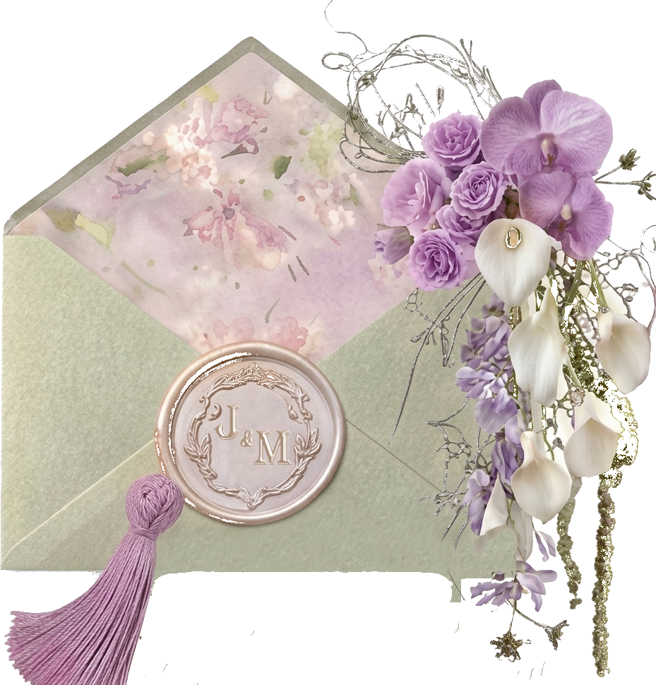 Sobre abierto con sello de cera, borla y ramo de flores lilas y calas